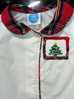 KREWE White Set with Red Plaid Trim and Tree Smocked Patch Sz12M